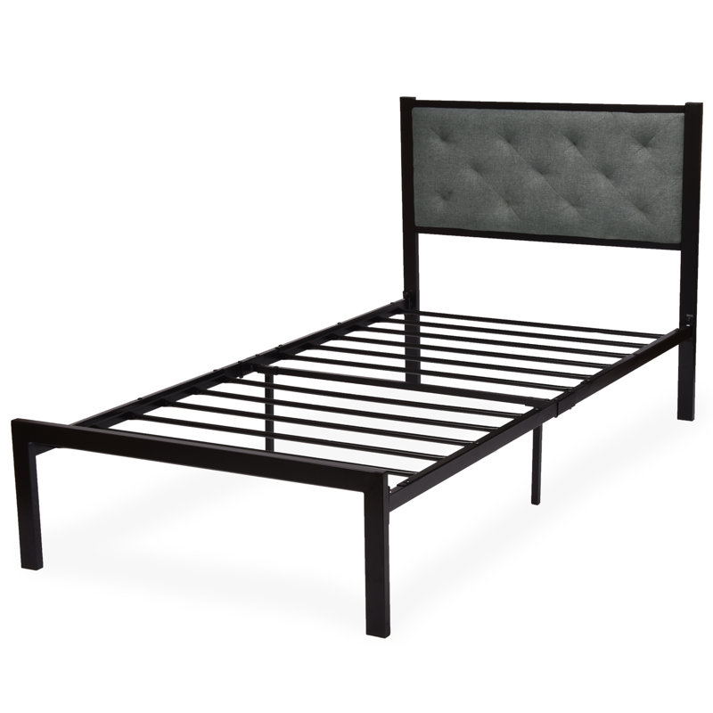 Baca Metal Platform Bed Frame with Upholstered Headboard, Twin, Dark Gray