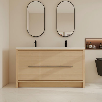 60" Freestanding Bathroom Vanity With 2 Resin Sinks,Floor Standing Vanity With 2 Doors,2 Shelves And 2 Drawers
