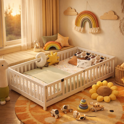 Modern White Montessori Floor Bed, Safety Guardrails and Lockable Door, Solid Wood Low-Profile Toddler Bed Frame , Removable Side Panel