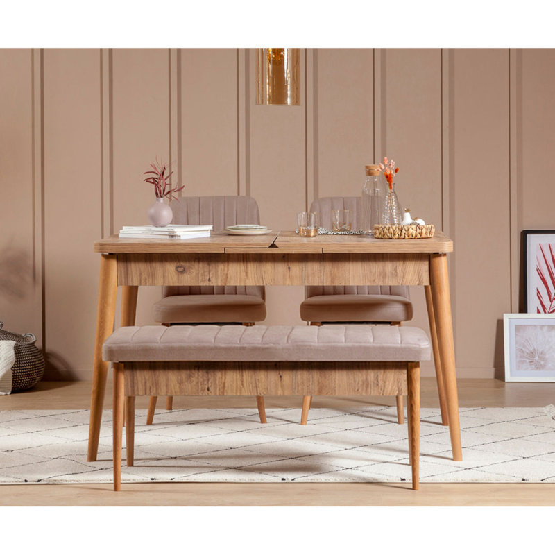 Extendable Dining Table & Chairs Set (4 Pieces), Atlantic Pine & Stone Color | 100% Melamine Coated Particle Board, Table: 51.2 x 30.3 x 31.5 in, Chairs: 18.1 x 33.5 x 18.1 in | Elegant Velvet Seats, Perfect for Family Gatherings