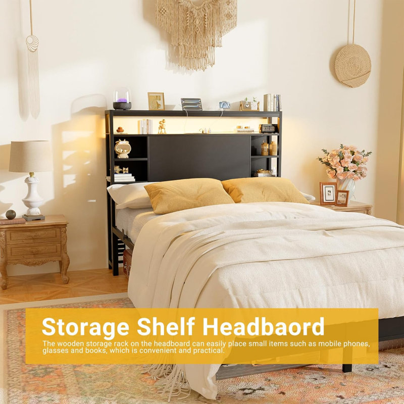 Headboard With Storage, Headboards With Power Outlets And Smart LED Light, Sturdy Head Board For Twin Size Bed, Stable Twin Headboard Only For Bedroom, Dorm Room, Guest Room