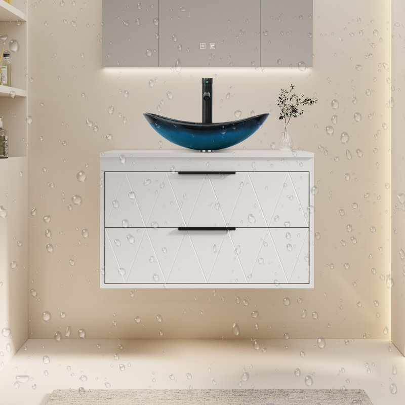 Ensemble de meuble-lavabo mural simple 30 po avec lavabo vasque en céramique Sharee, comptoir en bois manufacturé, robinet et bonde Sharee