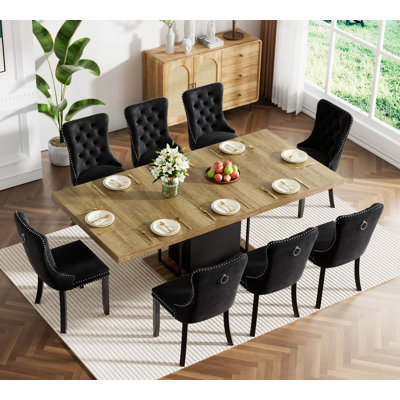 62.99" -78.74" Extendable Dining Table Set, Brown&Black Dining Room Table & Velvet Dining Chairs with Wood Leg, Rustic Kitchen Dining Table and Chairs Set, Modern Dining Table Set