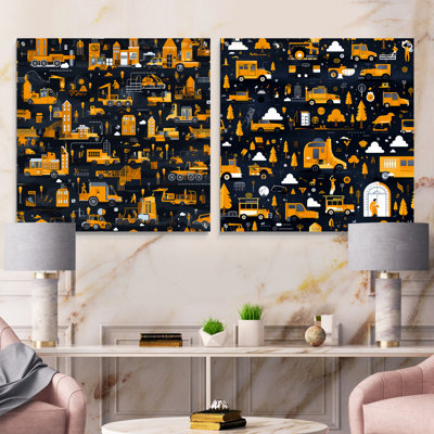 Yellow Busy Construction Zone For Kids Bedroom - Children Acrylic Wall Art Glass Set Of 2