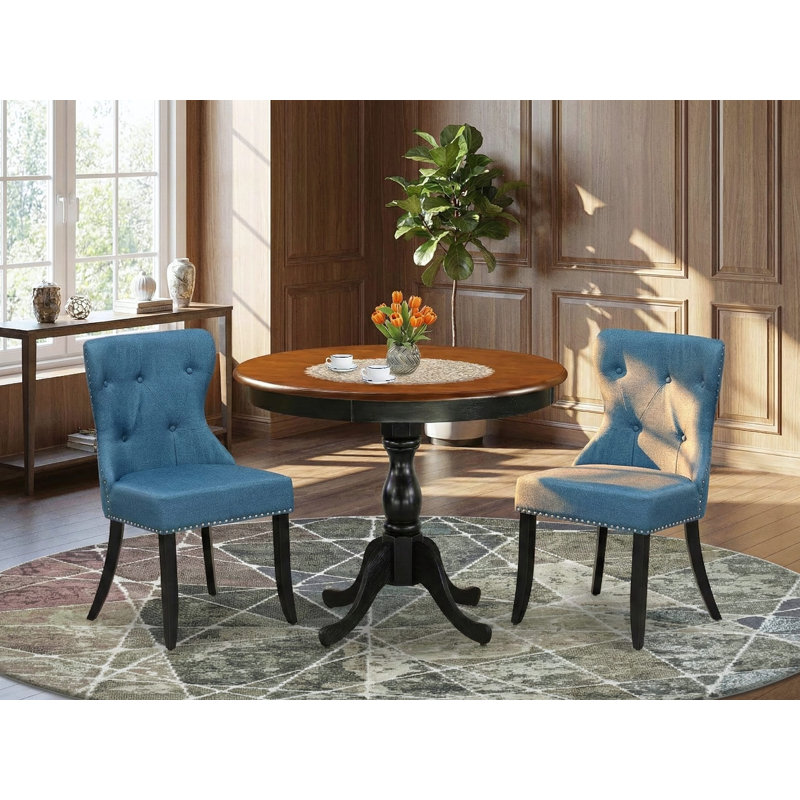 L'ensemble de table de salle à manger 3 pièces contient une table de salle à manger en bois et 2 chaises en tissu de lin bleu Mid-Century moderne avec dossier capitonné - finition noire