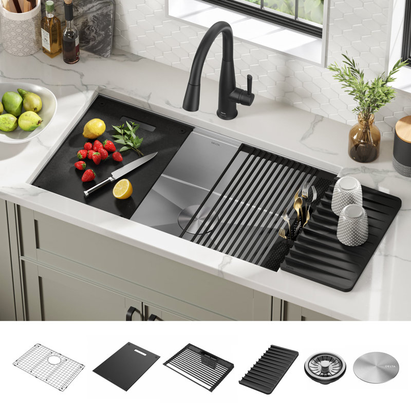 Évier de cuisine à simple cuve en acier inoxydable de calibre 16 avec rebord WorkFlow ™ pour station de travail L 32 po Delta Rivet ™