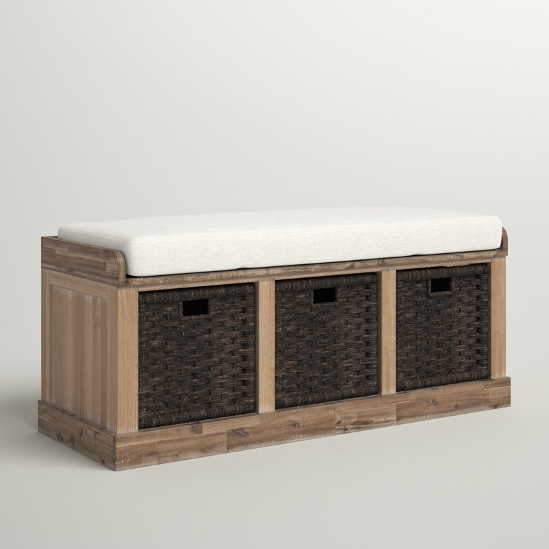 Javier Acacia Wood Upholstered Storage Bench with 3 Drawers and 3 Woven Baskets for Entryways, Bedrooms, or Living Spaces