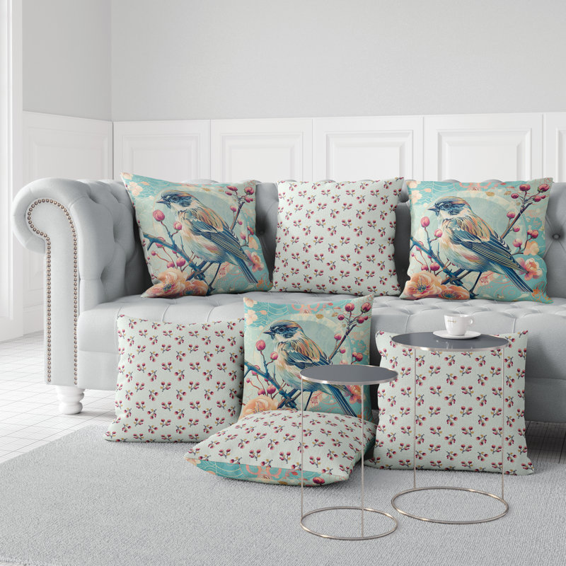 Coussin Berries and Birds, 16"H x 16"W, Blue/Pink