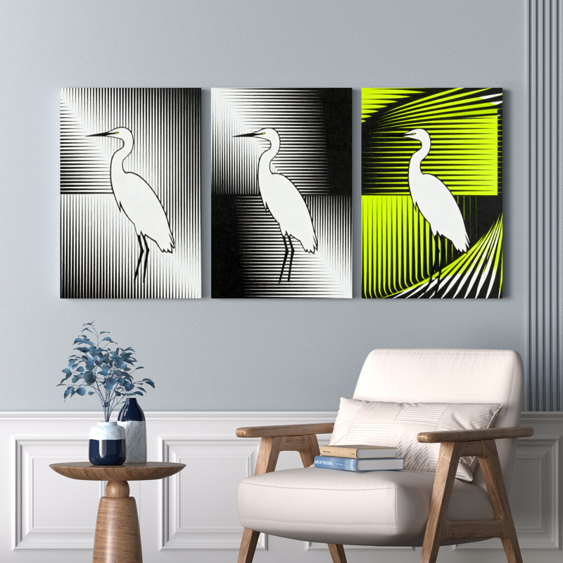 «Egret Silhouette», ensemble de 3 reproductions d'art sur toile tendues, H 30 po x l 60 po