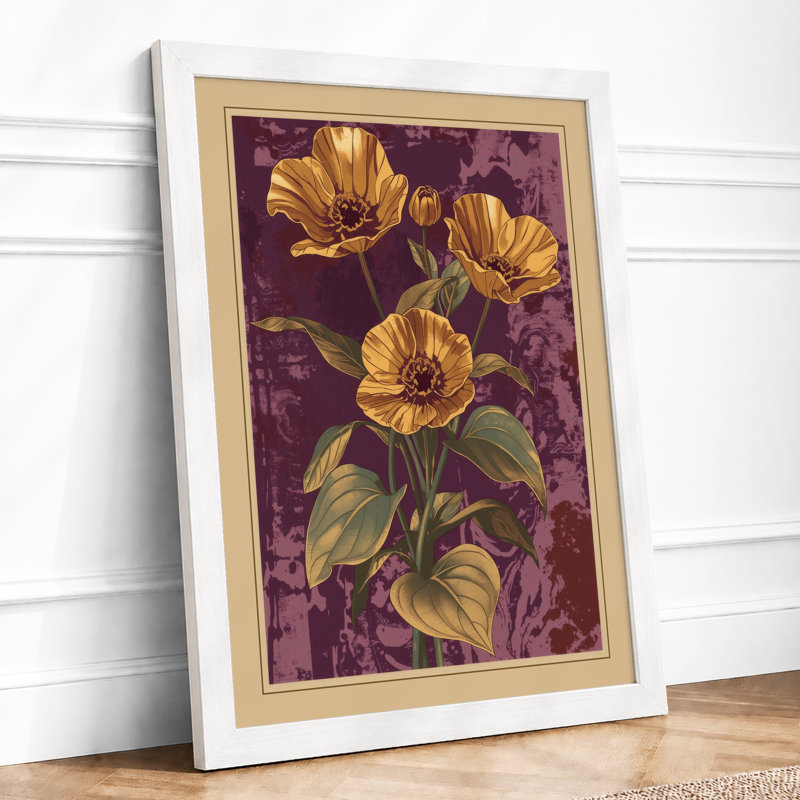 Golden Blooms On Purple Botanical - Print, A4 - 29.7 x 21.0 cm, White