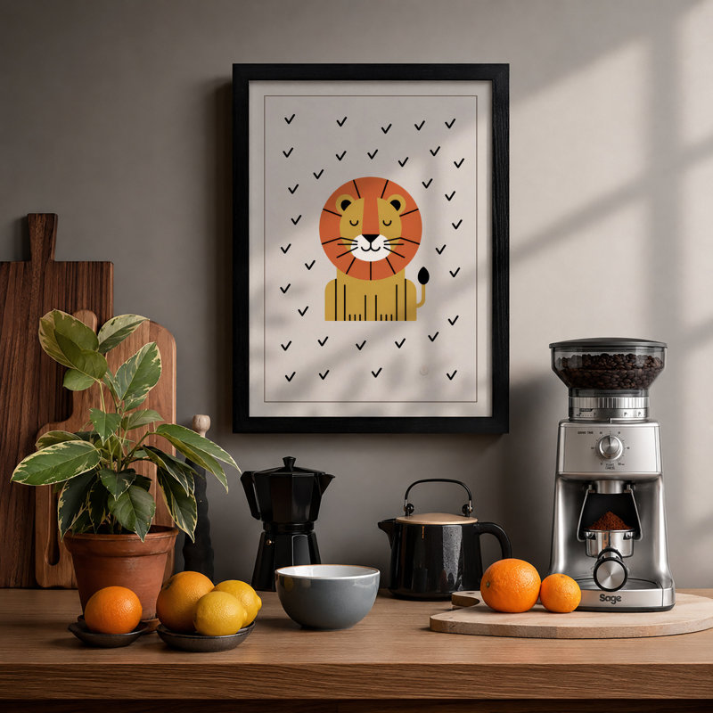 Cheerful Lion Geometric - Framed Print, A2 - 59.4 x 42.0 cm, Black