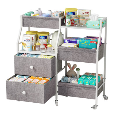 DTK Baby Diaper Caddy Organizer, 3 Tier Rolling Diaper Cart with Dividers and Drawers, Mobile Utility Baby Storage Cart with Wheels, Baby Newborn Essentials for Nursery, Bedroom, Charging Table，Crib