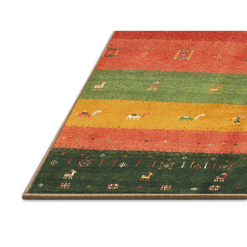 Tapis contemporain rouge / jaune / vert Marcourt, Rectangle 3 pi x 5 pi