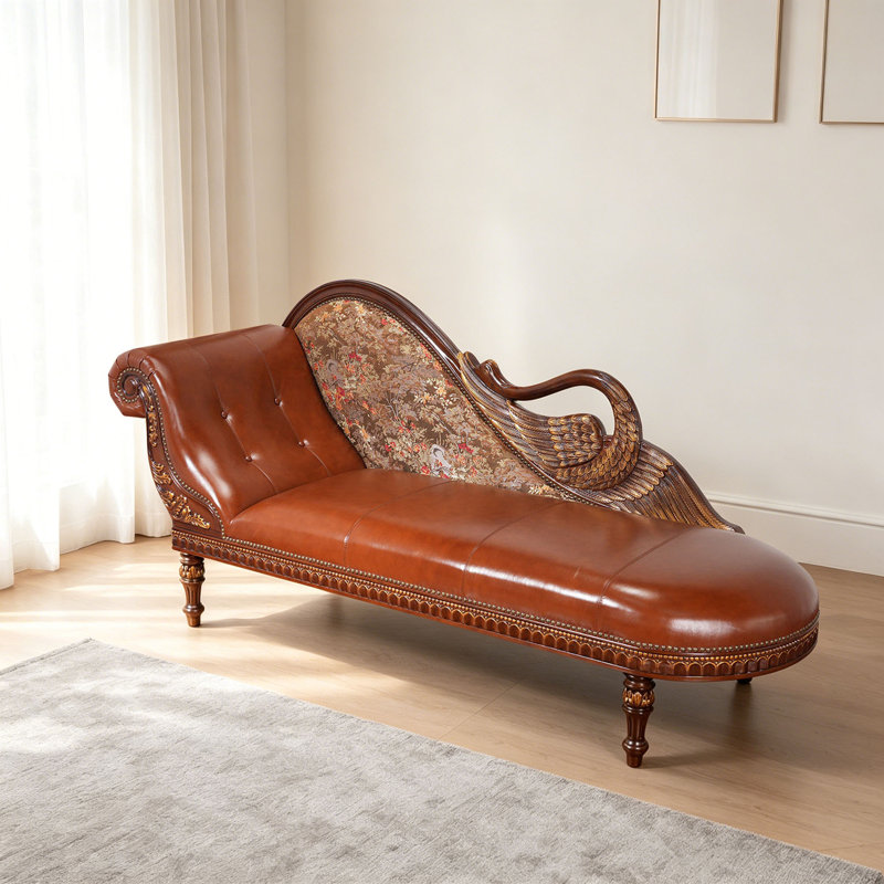 Chaise longue d'intérieur en bois massif et cuir, Orienté vers la gauche