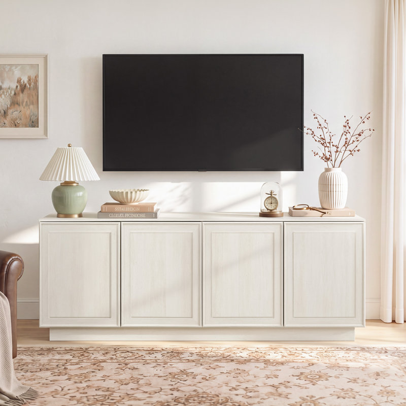 Meuble télé Mid-Century avec 4 armoires de rangement pour le salon, Blanc rétro