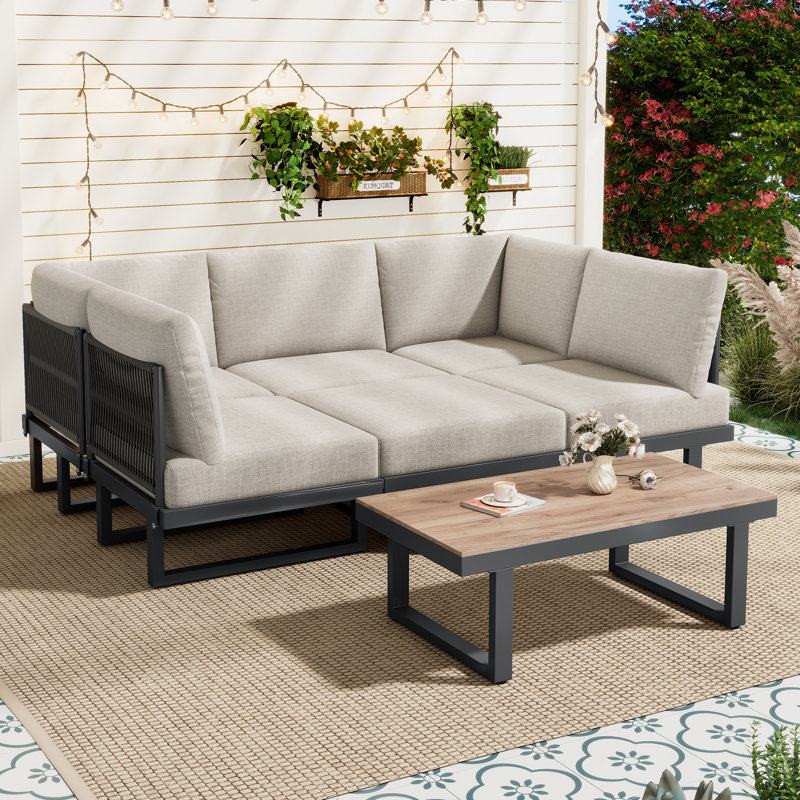 6-seat Modular Outdoor Sofa Set With Glass Table - Adjustable Backrests, Daybed Configuration, Modern