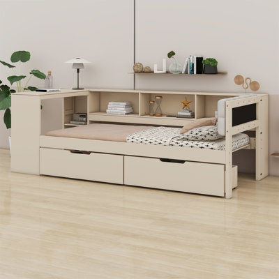 Wood Platform Bed With Storage Shelves, Drawers, Charging Station And Upholstered Headboard