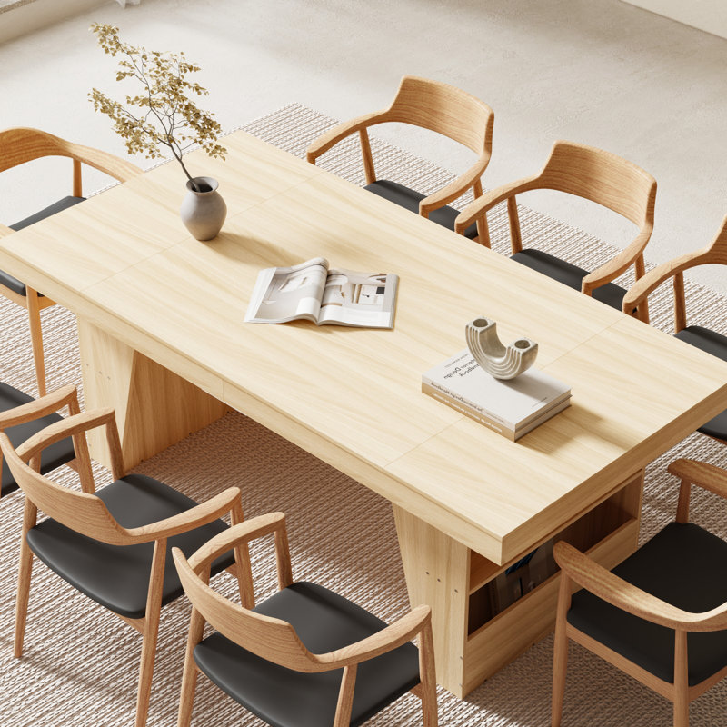 Modern Conference Table With Built-In Storage Shelves - Natural Wood Finish