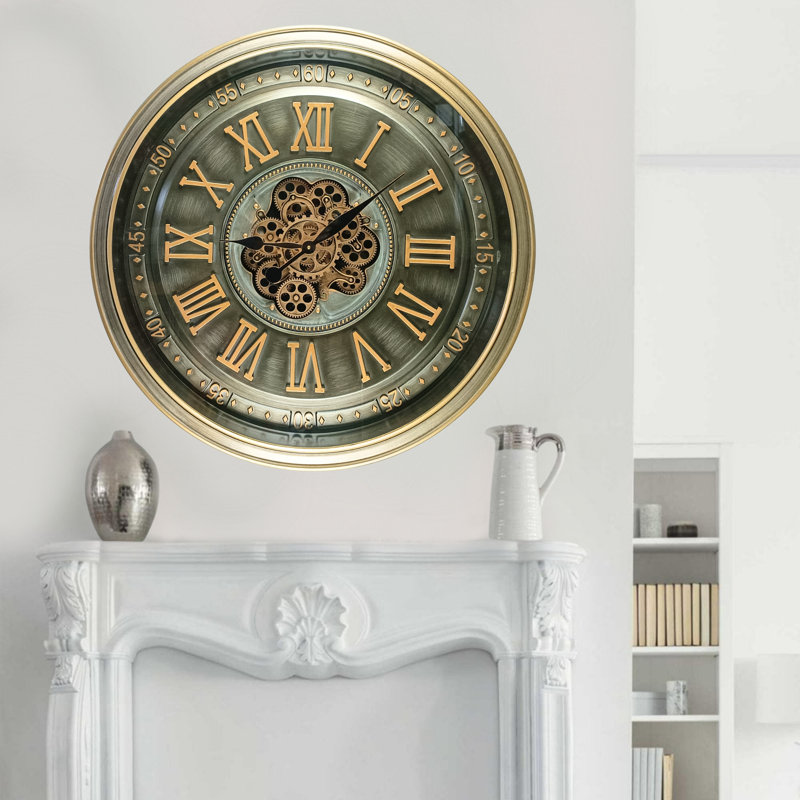 THE GEARS CLOCK Wall Clock with Real Moving Gears IR-LI_ 32 in Round BRASS-ANTIQUE