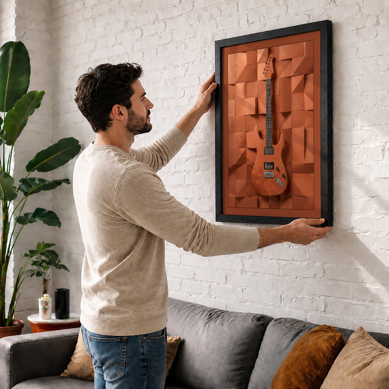 Guitar On Geometric Wall Industrial - Print, Walnut, A4 - 29.7 x 21.0 cm