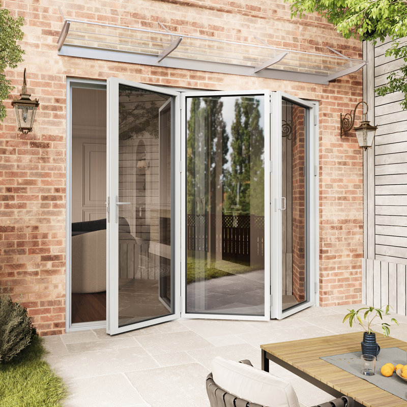 Porte de patio pliante blanche en aluminium 96 po x 80 po (3 + 0) avec 𝗥𝗲𝘁𝗿𝗮𝗰𝘁𝗮𝗯𝗹𝗲 𝗦𝗰𝗿𝗲𝗲𝗻, L 96 po x H 80 po