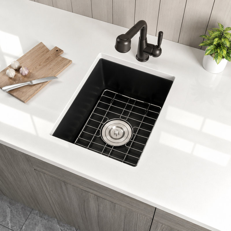 LQS 14''L X 18'' W Granite Composite Undermount Black Bar Sink with Sink Grid and Basket Strainer, Black
