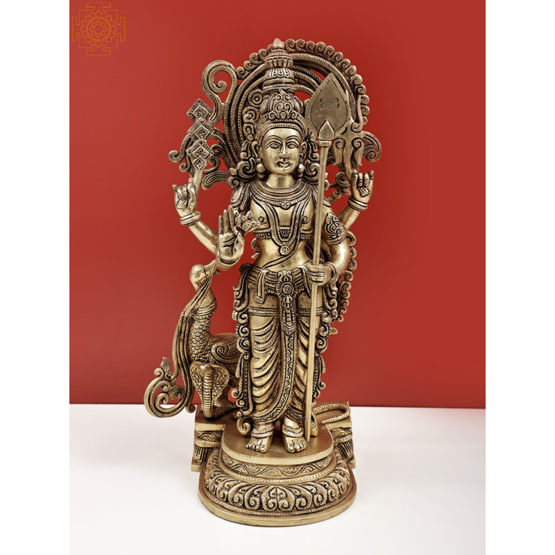 Statue en laiton 20 po Karttikeya (Murugan) fabriquée à la main pour le dieu de la guerre de l'autel et la décoration spirituelle