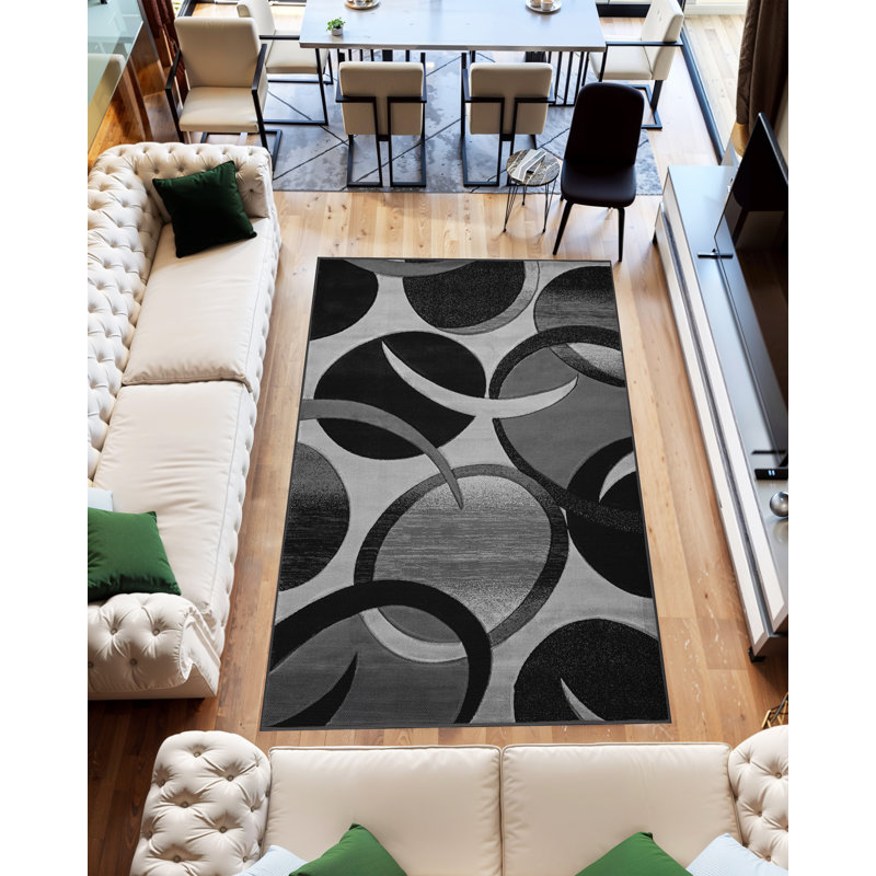 Tapis gris / noir à motif abstrait Mccampbell, Rectangle 9 pi 2 po x 12 pi 5 po