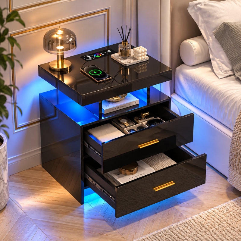 Table de chevet lustrée de 50 cm (19,6 po) de large avec éclairage RVB à capteur et chargeur sans fil, Noir