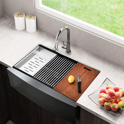 33" Stainless Steel Apron Sink - Extra-, Heat , With Cutting Board And 3.5" Drain For Practicality 33", Matte Black Scratch Gently Sloped Bottom Roll Mat Fast Efficient Drainage
