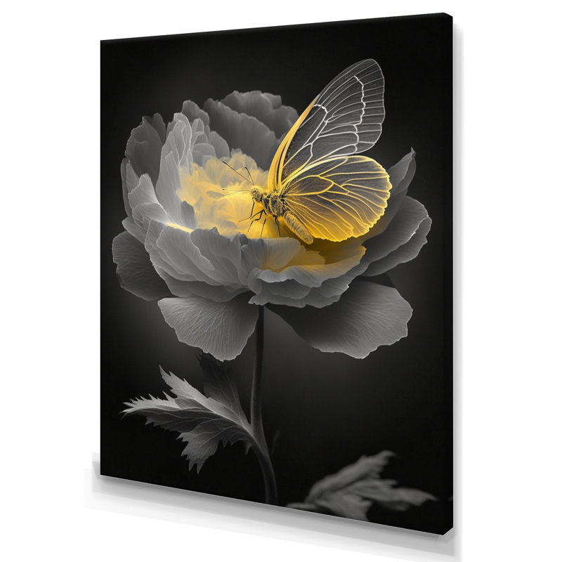 Fleur grise, papillons en fleurs - impressions sur toile florales, L 12 po x H 20 po, Toile tendue
