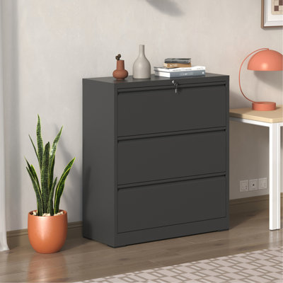 3 Drawer Filing Cabinet With Lock For Home Office - Metal Construction, Silent Full Extension Slides, 110Lbs Per Drawer, Tilt Feature Modern Lateral In Matte Black Lockable Drawers, Operation,