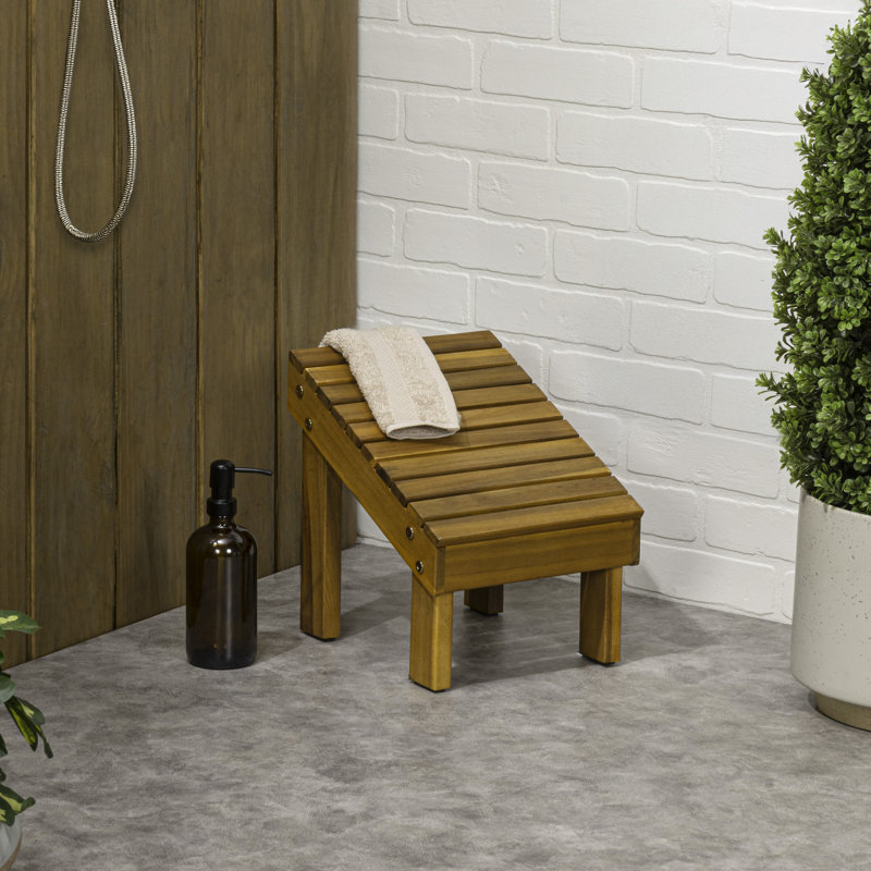 Repose-pieds de douche en bois d'acacia massif de 11,8 po Saru pour pieds de rasage, tabouret de spa incliné résistant à l'eau pour douche intérieure, naturel