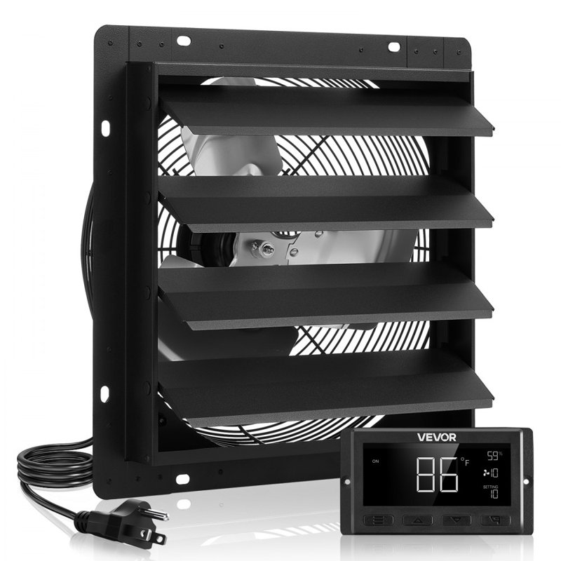 Ventilateur de 14 pouces à obturateur, ventilateur de grenier mural avec contrôle de température à vitesse variable, 2000 pi³ / min, moteur EC, minuterie, pour remise, garage, refroidissement de serre, noir