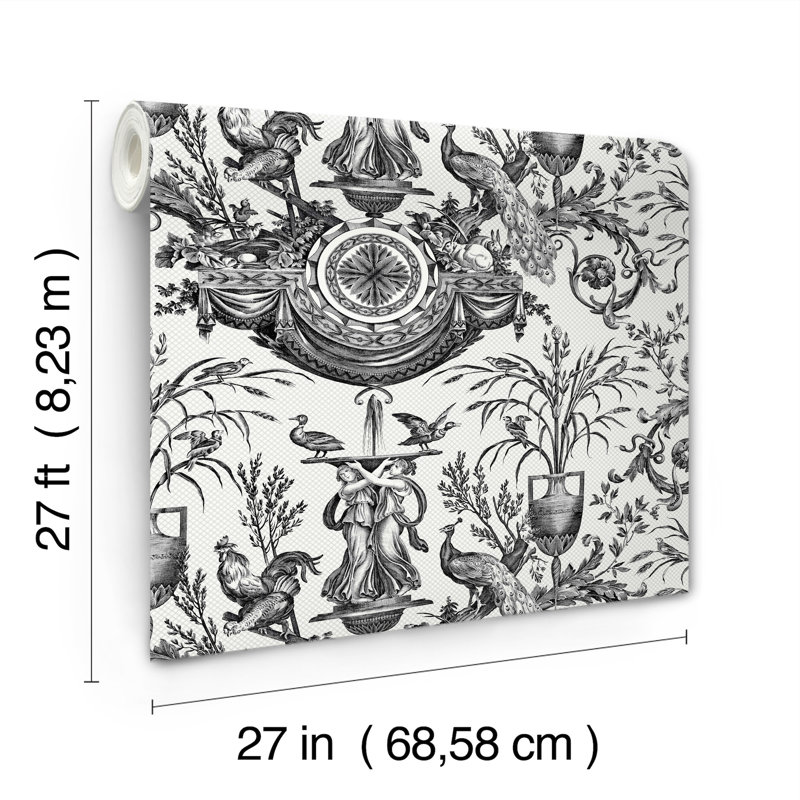 Avian Fountain Toile Wallpaper Roll, Black