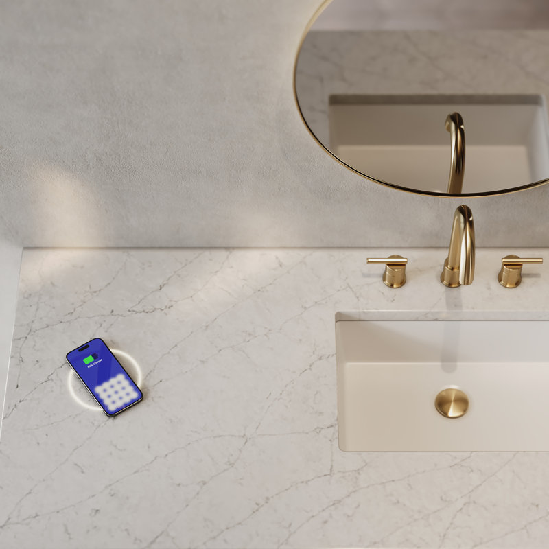 Hudson 60"W Single Vanity W/ Freepower Wireless Charger, Eternal Jasmine Pearl, Honey Oak
