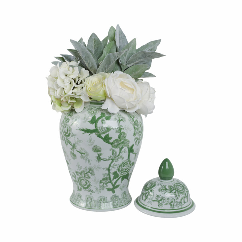 Ceramic Chinoiserie Ginger Jar Decorative Lidded Vessel in Classic Oriental Style, 18" H x 10" W x 10" D