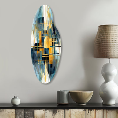 Gold Blue Abstracted Realities - Abstract Shapes Curved Metal Wall Art for Living Room, Gold Asymmetrical Metal Art Print
