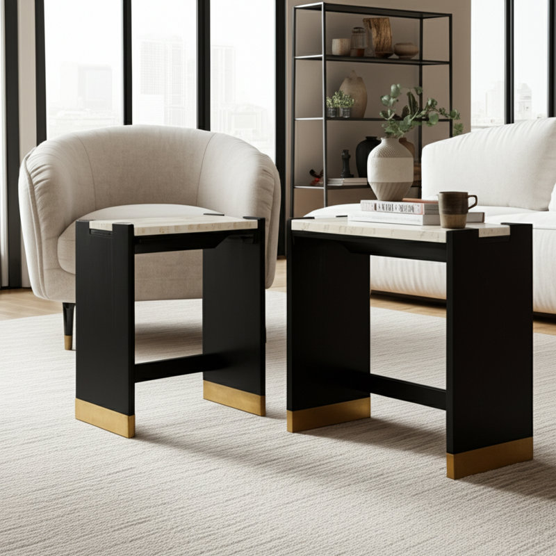 Stone And Acacia Wood Accent Tables With Travertine Top, Set Of 2