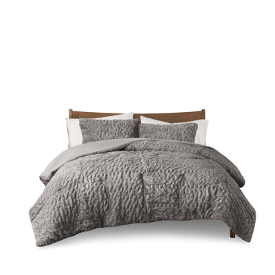 Grey Fur Comforter With 2 Shams For A Warm Night, Full/Queen Glamorous Queen Size Beds