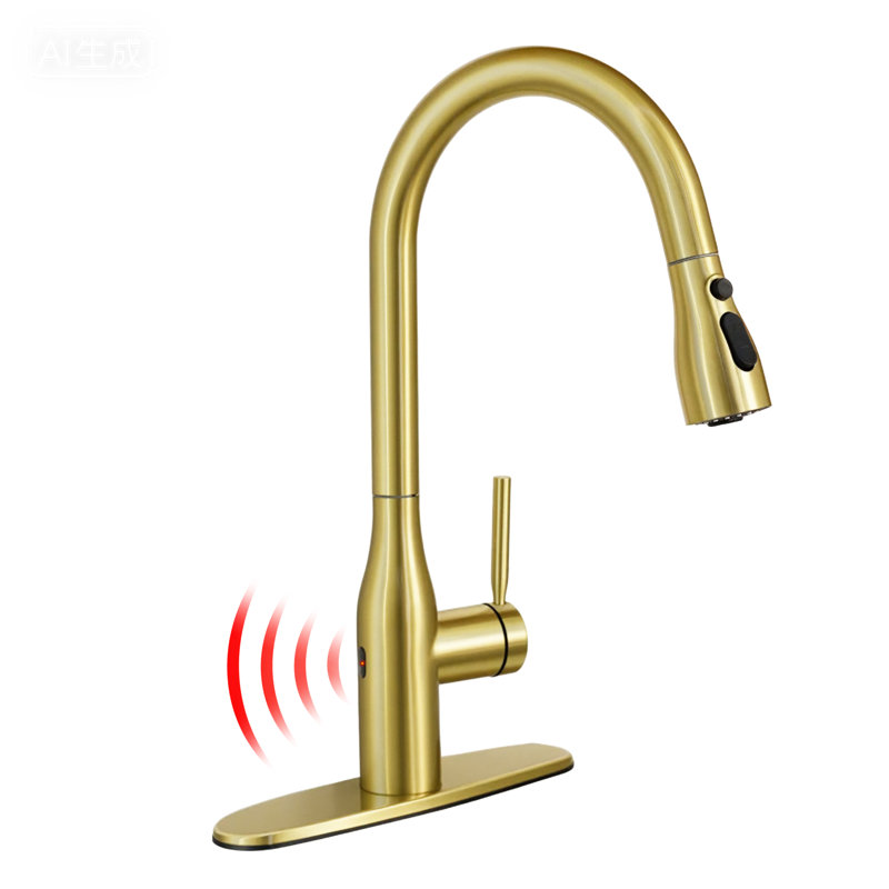 Robinet de cuisine monocommande avec douchette extractible sans contact avec douchette à 3 jets, bec pivotant à 360° et plaque de montage, acier inoxydable SUS 304