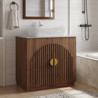 Meuble-lavabo de salle de bain autoportant moderne avec lavabo vasque et armoire de rangement à lattes, organisateur de rangement de salle de bain grande capacité
