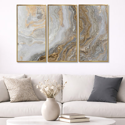 Marbre blanc avec veines de gris et d'or Curley - ensemble d'art mural sur toile Glam