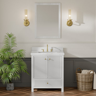 Meuble-lavabo autoportant cannelé de 30 po avec lavabo, comptoir en pierre d'ingénierie avec dosseret, lavabo en céramique encastré, portes et tiroir à fermeture en douceur, 3 trous de robinet espacés de 8 po