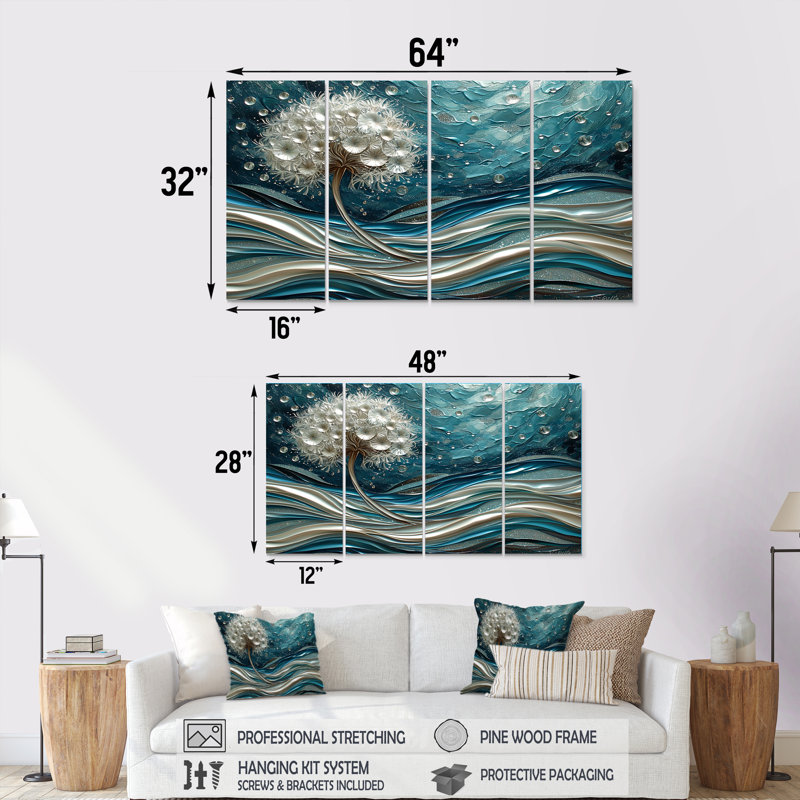 Orsini - ensemble de 4 pièces d'art mural pissenlit, H 32 po x l 64 po