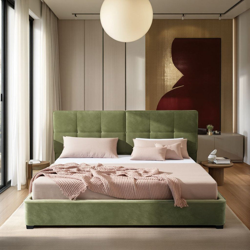 Luxury Plush Velvet King Headboard Bed, Olive Green