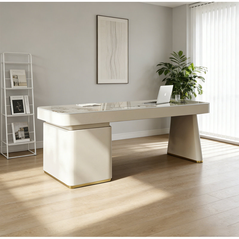 Sintered Stone Top Desk with Handcrafted Leather Wrap, 29.5" H x 70.9" W x 27.6" D