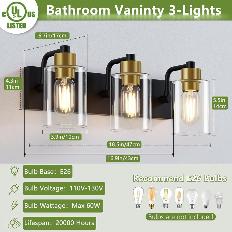 Dimmable Vanity Light, 3, Matte Black/Gold