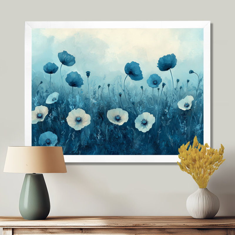 Coquelicots des prés sarcelle I - Tableau encadré, H 12 po x l 20 po, White Picture Framed