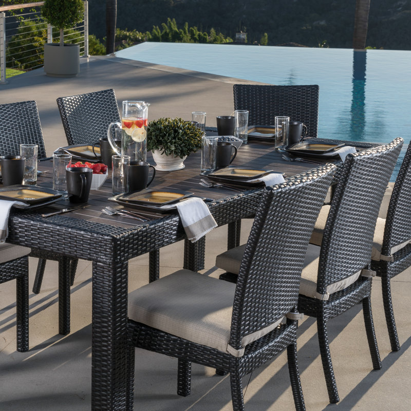 Cannes 9 Piece Dining Set with Cushions, Brown/Black Frame/Canvas Ginkgo Cushion
